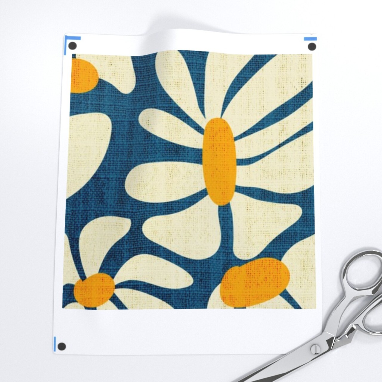 Daisy Retro Abstract Floral Botanical Block Print Style 70S 60S Vintage Blue Cream Yellow Custom Printed Fabric by Spoonflower Various Fabrics by the Yard or Fat Quarter 13488971